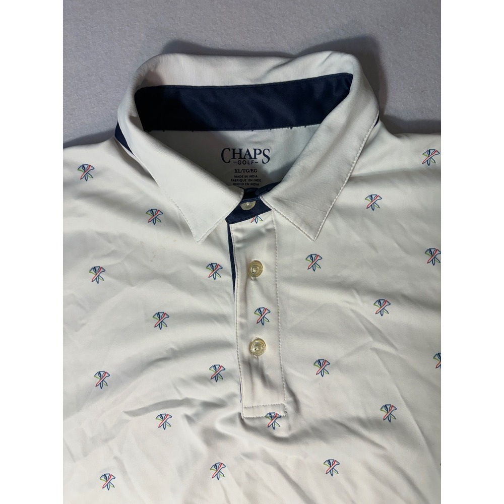 Chaps Golf Mens XL White Performance Polo Shirt Multi Color Golf Tee Print Short